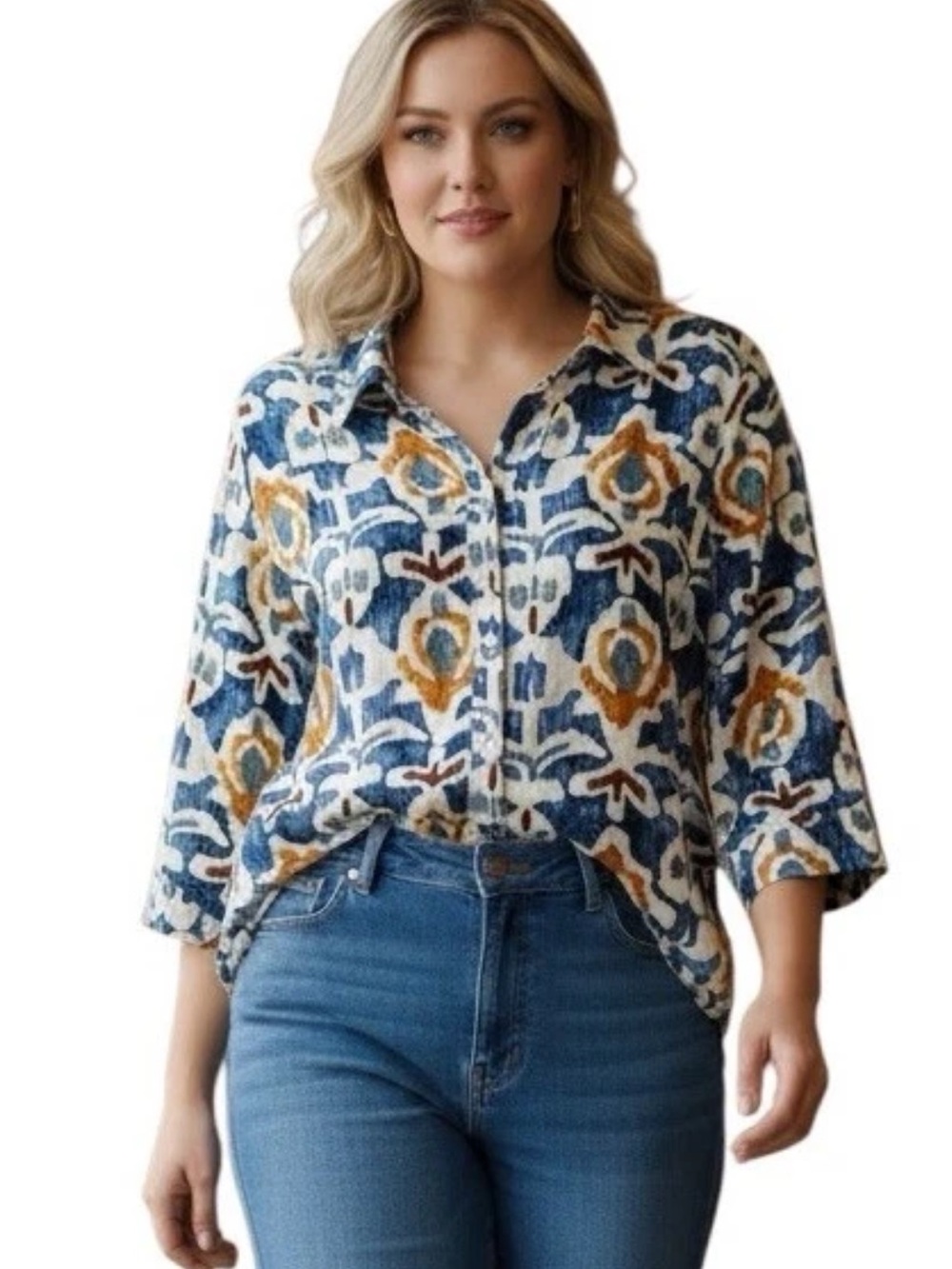 Christian Siriano Geometric Print Linen Blend Button Up Shirt 3/4 Sleeves 1X